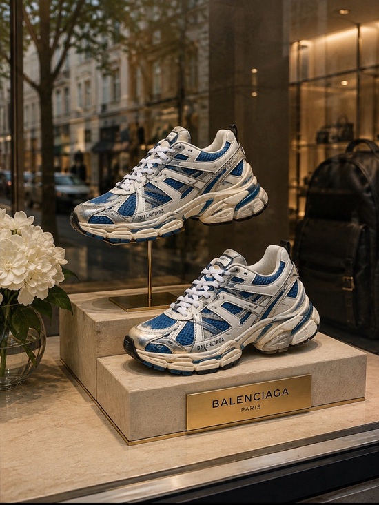 Balenciaga Shoes - Balenciaga Blue, White & Gray Runner Sneakers